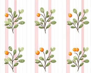 Obraz premium Delightful pattern of small orange-berried sprigs on a pink and white striped background