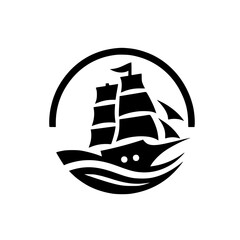 Minimalist Black Silhouette Sailing Ship Logo Icon with Waves and Arch