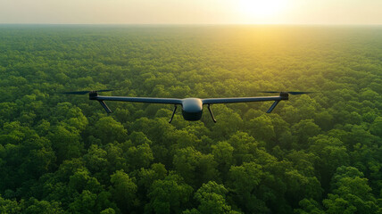 Sleek high tech drone soars over lush green forest sunset, showcasing innovation and nature