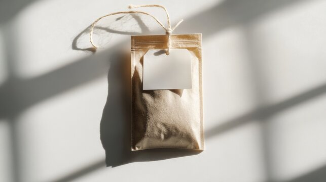 Close-up of a tea bag with string and tag, soft shadows on a white background