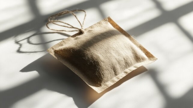 Close-up of a tea bag with string and tag, soft shadows on a white background
