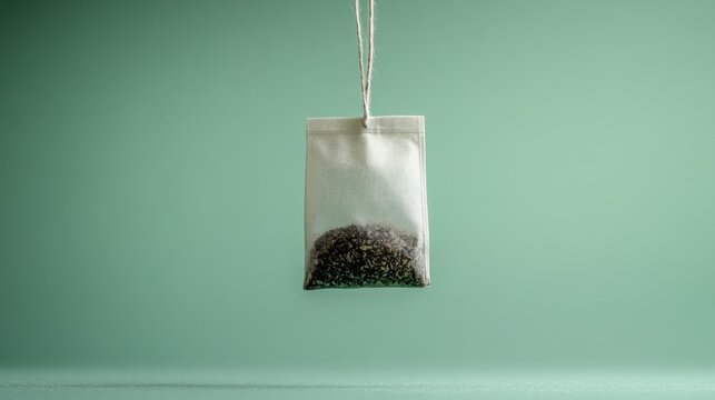 Close-up of a tea bag with the string hanging down, set on a light green background 