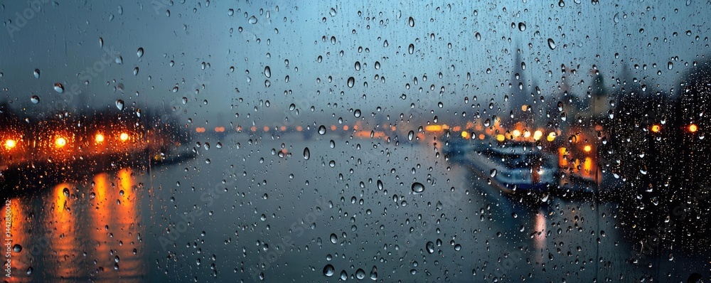 Aufkleber raindrop on a window merging city atmosphere and rain pattern concept. a rainy view through a window