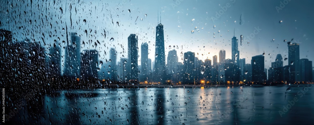 Poster raindrop on a window merging city atmosphere and rain pattern concept. city skyline at dusk viewed t