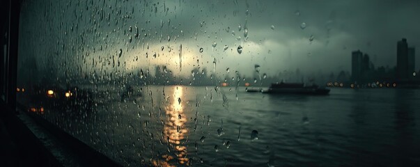 Raindrop on a window merging city atmosphere and rain pattern concept. Stormy skyline over water with rain on window enhancing atmosphere.