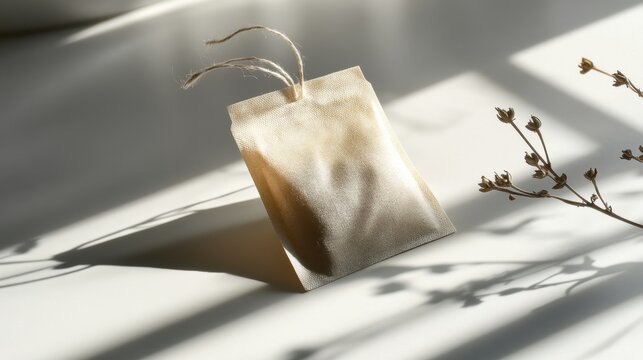 Close-up of a tea bag with string and tag, soft shadows on a white background