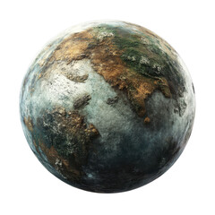 A stylized, aged depiction of an Earth showing signs of environmental distress, displaying ravaged landscapes.