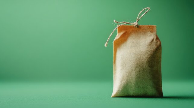 Close-up of a tea bag, string and tag neatly aligned, set on a vibrant green background 