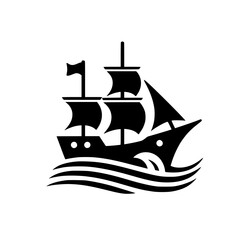 Black Ship Icon Silhouette - Stylized Sailboat on Waves Graphic Design Element