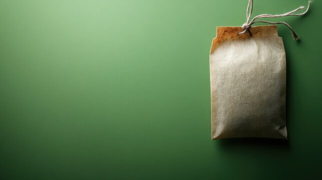 Close-up of a tea bag, string and tag neatly aligned, set on a vibrant green background 