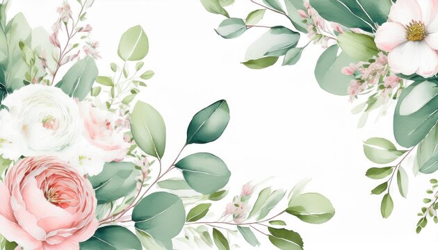 watercolor floral bouquet with green leaves pink peach blush white flowers leaf branches for wedding invitations greetings wallpapers fashion prints eucalyptus olive green leaves rose peony