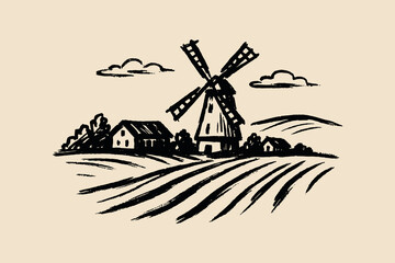 Windmill and farm landscape, black brush sketch in rustic style © Victoria