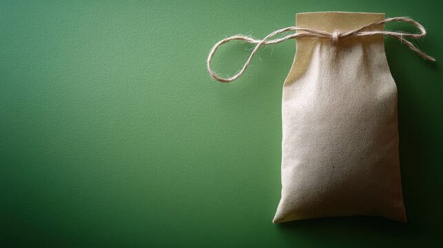 Close-up of a tea bag, string and tag neatly aligned, set on a vibrant green background 