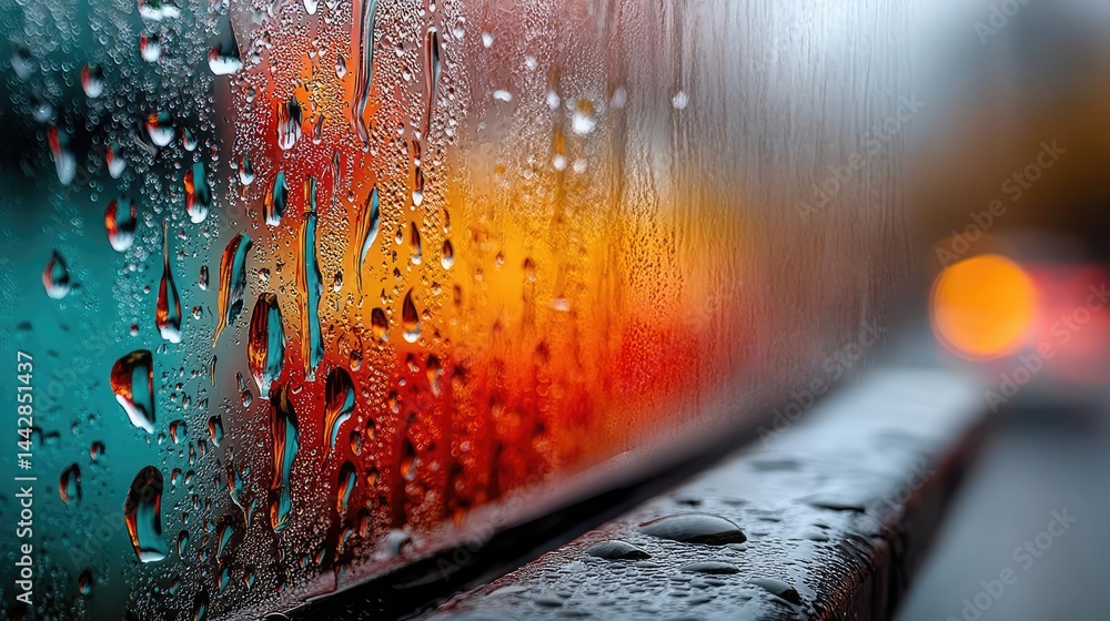 Poster raindrop on a window merging city atmosphere and rain pattern concept. close-up of raindrops on glas