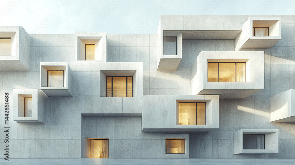 Aufkleber modern minimalist facade with unique window patterns and soft lighting