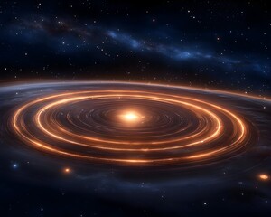 Fototapeta premium Glowing orange rings encircle a bright star within a dark, star-filled space