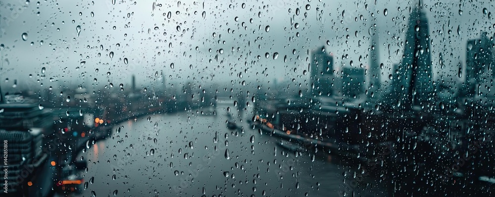 Poster raindrop on a window across cityscape with layered water texture concept. city skyline view through 