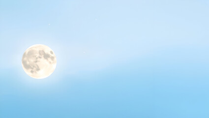 A serene banner with a light blue twilight sky, soft gradient tones, a glowing full moon with a halo on the left, scattered twinkling stars, and empty space on the right for text or design.

