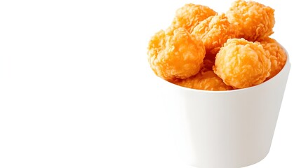 Golden-brown, crispy fried snacks in a white paper cup