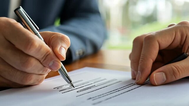 Close up of business man signing contract agreement with silver pen concept