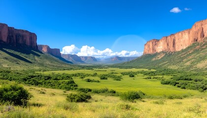 Naklejka premium Lush green valley nestled between towering red rock cliffs under a vibrant blue sky
