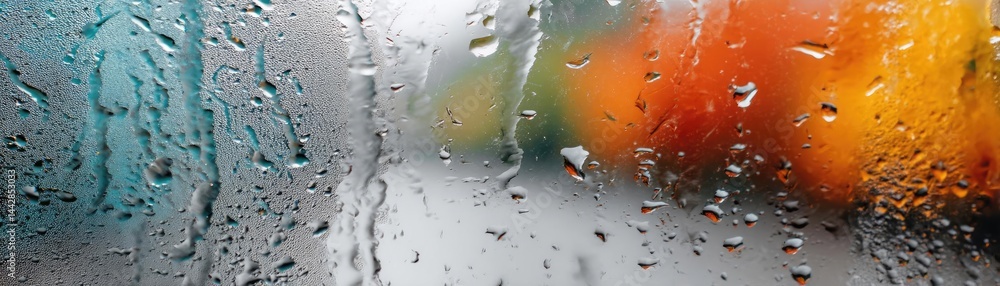 Poster raindrop on a window merging city atmosphere and rain pattern concept. raindrops on glass create a b