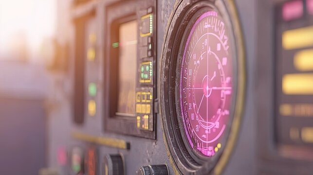 Close Up of Futuristic Aircraft Control Panel with Pink Digital Display - Powered by Adobe