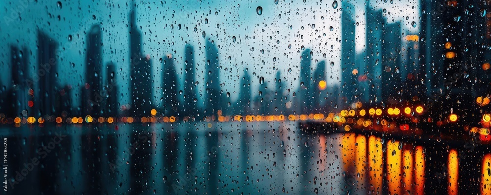 Poster raindrop on a window across cityscape with layered water texture concept. urban skyline through a ra