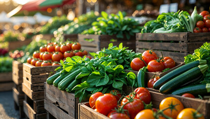 Fresh vegetables displayed in wooden crates at farmers market stall