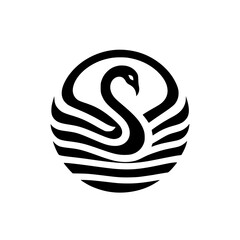 Naklejka premium Elegant Black and White Stylized Swan Logo Icon in Circle with Water Symbol