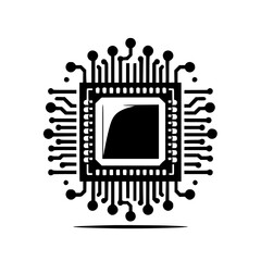 Abstract CPU Microchip Black and White Icon for Digital Technology and Computing Concepts