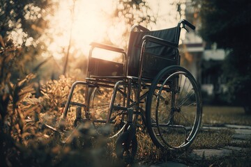 Obraz premium Wheelchair of person with disability in the house or hospital with nature sunlight, Cinematic tone and emotion picture, Life Insurance accident, International Day of Persons with Disabilities concept.