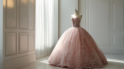 Elegant quinceaera dress in pastel pink with intricate lace details on Mannequin