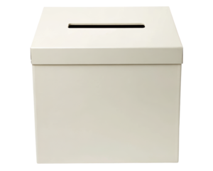Cardboard ballot box with slot for voting or suggestion collection on a transparent background