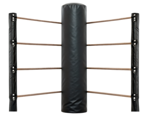 Boxing ring corner post with ropes and padded protection for safety on a transparent background