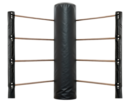 Boxing ring corner post with ropes and padded protection for safety on a transparent background
