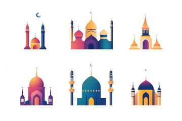 Obraz premium Six colorful illustrations of various mosque architectural styles.