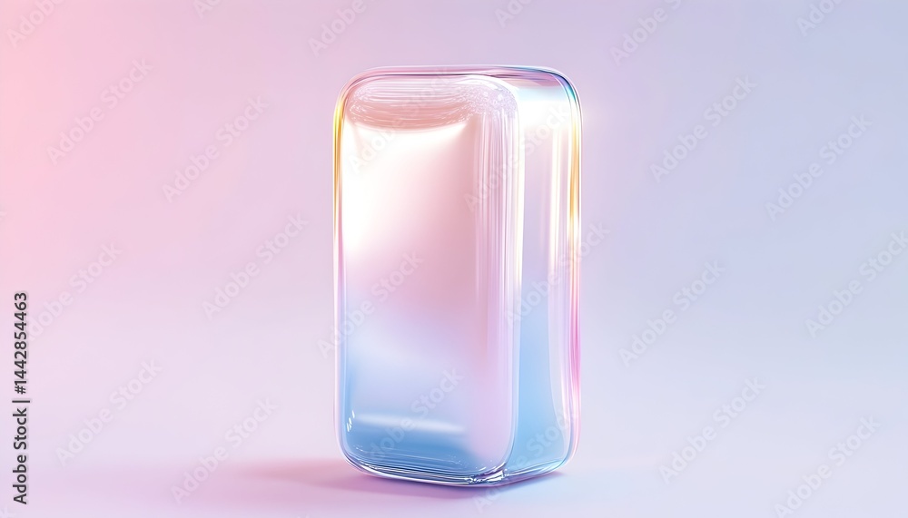 Poster iridescent rectangular glass object on pastel background