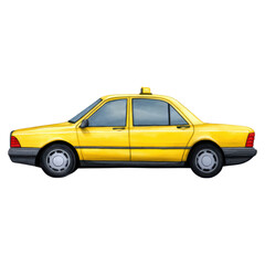 Obraz premium Bright Yellow Taxi Car Illustration in Side View for Transport Needs, isolated on transparent background.