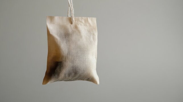 A tea bag slightly tilted, with the string hanging loosely on a white background 