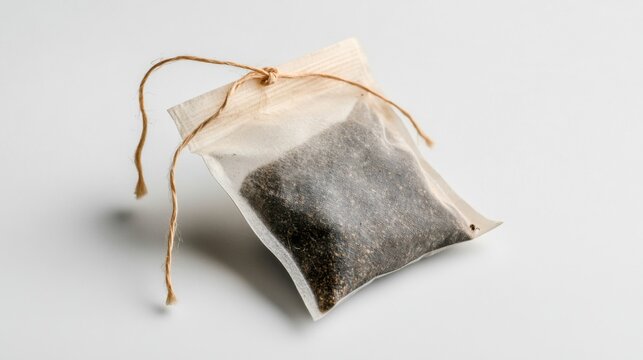 A tea bag slightly tilted, with the string hanging loosely on a white background 