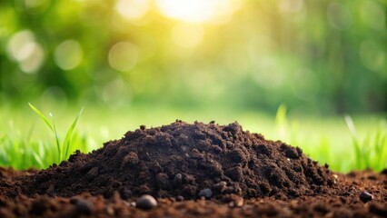 A mound of rich, dark soil sits in a vibrant green field, bathed in sunlight, symbolizing growth and new beginnings.