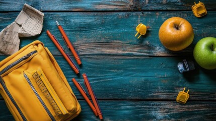 Rustic wooden table with yellow pouch, pens, apples, and paper on blue wood surface