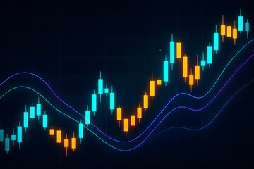 Colorful futuristic candlestick chart illustration on dark grid background, glowing trend lines and price indicators representing financial data, trading and analysis