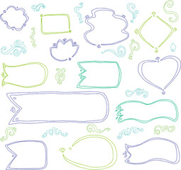 Set of hand drawn curved line label frames in different colors blue and green shades: cloud shapes, diamond, rectangle, long and short ribbon, wavy ribbons, heart, oval, flower shape