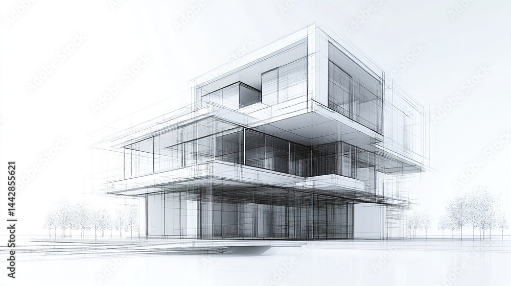 Poster modern architectural design sketch showcasing unique structure with clean lines and transparency