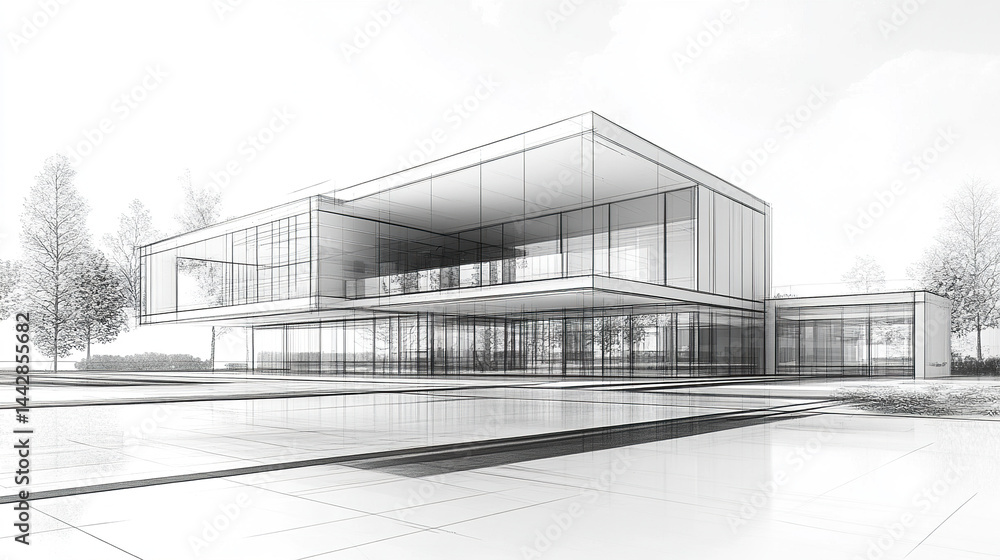 Poster modern architectural design showcasing sleek transition from sketch to structure, evoking