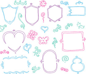 Set of hand drawn curved line label frames in different colors pink and blue shades: shield shapes, heart, rectangle frame, oval, flag, figure eight frame, hexagon