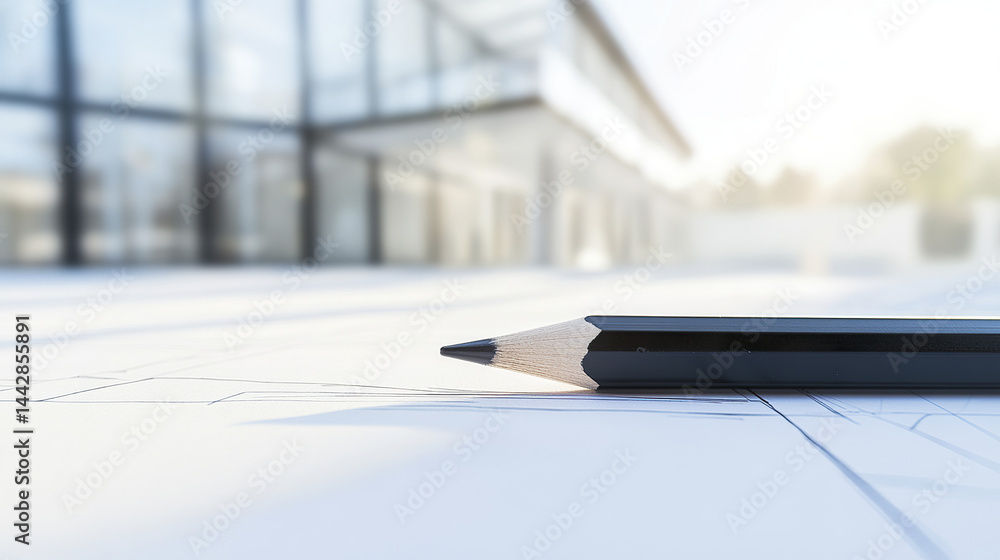 Poster close up view of pencil resting on architectural drafts, showcasing modern design elements