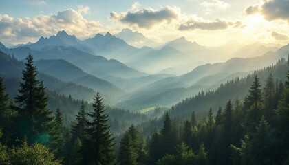 Fototapeta premium Majestic Mountain Vista: An awe-inspiring panorama unfolds, revealing layers of rolling mountain ranges enveloped in a soft, ethereal mist.